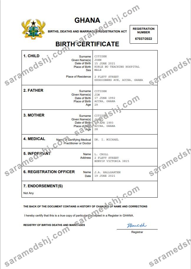 Ghana vital record birth certificate Word and PDF template